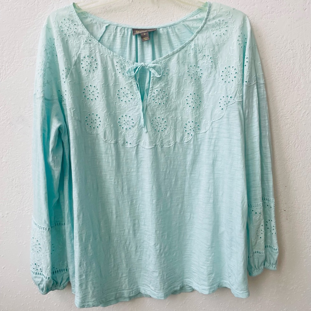 Women's Light Sea Glass Blue Embroidered Top